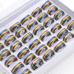 30pcs Wholesale 6 Row Color Enamel Waterproof Men Ring Rainbow Stripe Stainless Steel Ring For Women Colorful Band Ring Lovers G