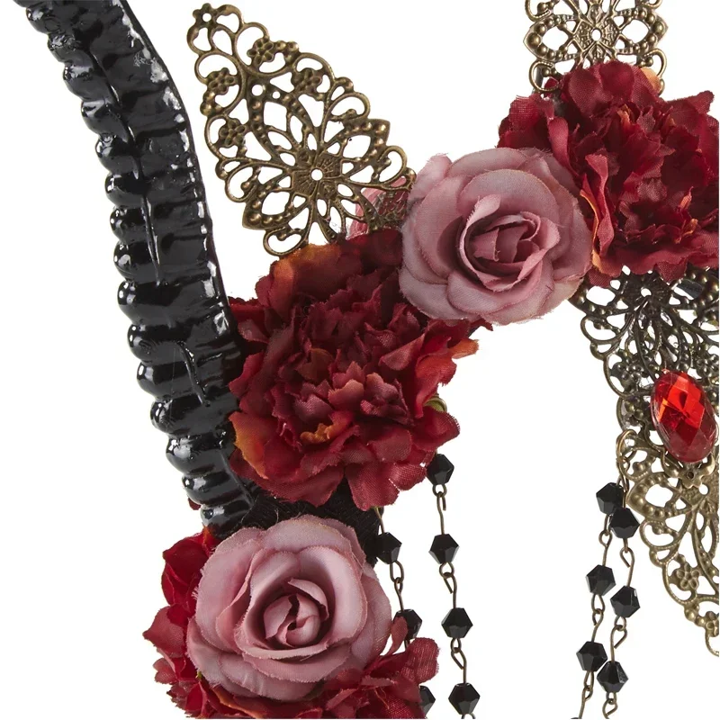 Женская цветочная готическая корона Лолиты на Хэллоуин, повязка на голову с рогами антилопы, готическая вечеринка, головной убор в стиле аниме MN1