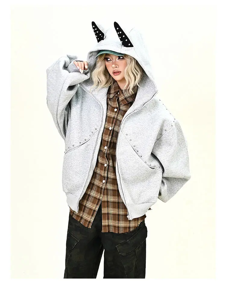 أسود الصفصاف مسمار أرنب الأذن هوديي سترة المرأة فاسق الخريف جديد فضفاض Y2K زمم موضة البلوز فريد الهيب هوب سترة