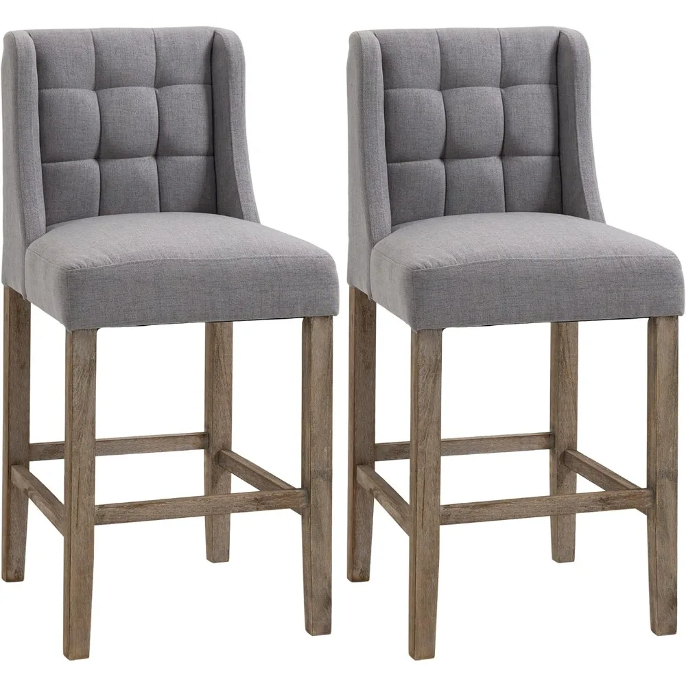 

Modern Bar Stools, Tufted Upholstered Barstools, Pub Chairs with Back, Rubber Wood Legs for Kitchen, Dinning Room, Set of 2 Grey