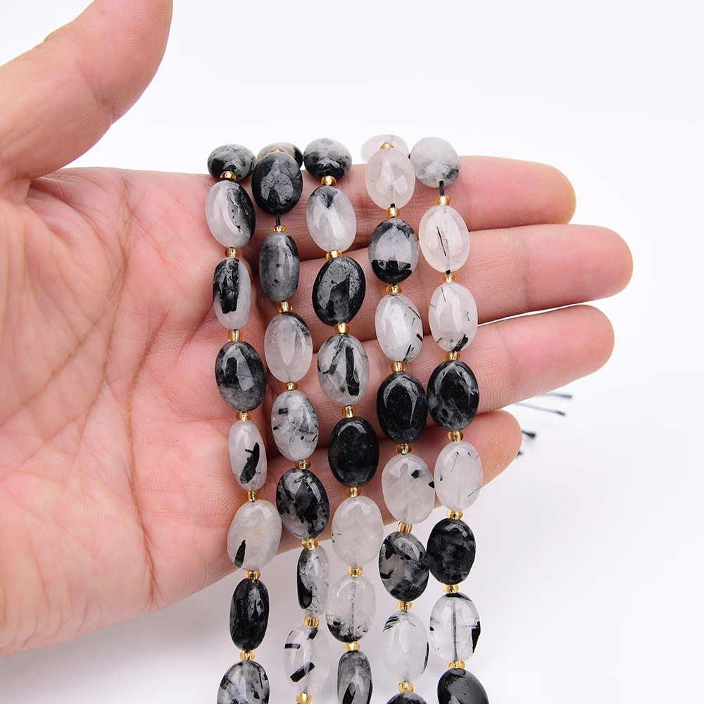 APDGG 2 Strands 10x14mm Natural Black Rutilated Quartz Oval Shape Loose Beads 15.5'' Strand Jewelry DIY
