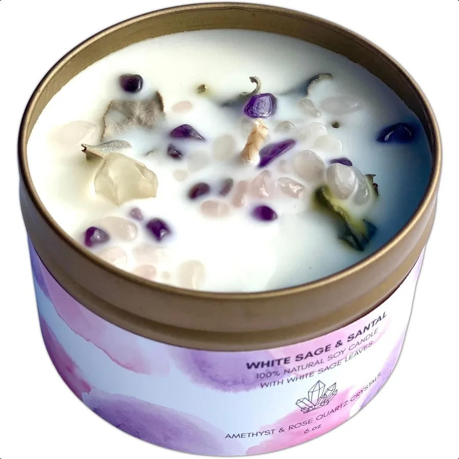 

White Sage and Santal Smudge Candle with Rose Quartz and Amethyst Gemstone Crystals 6.4 oz Made with Natural Soy Wax Scented wi