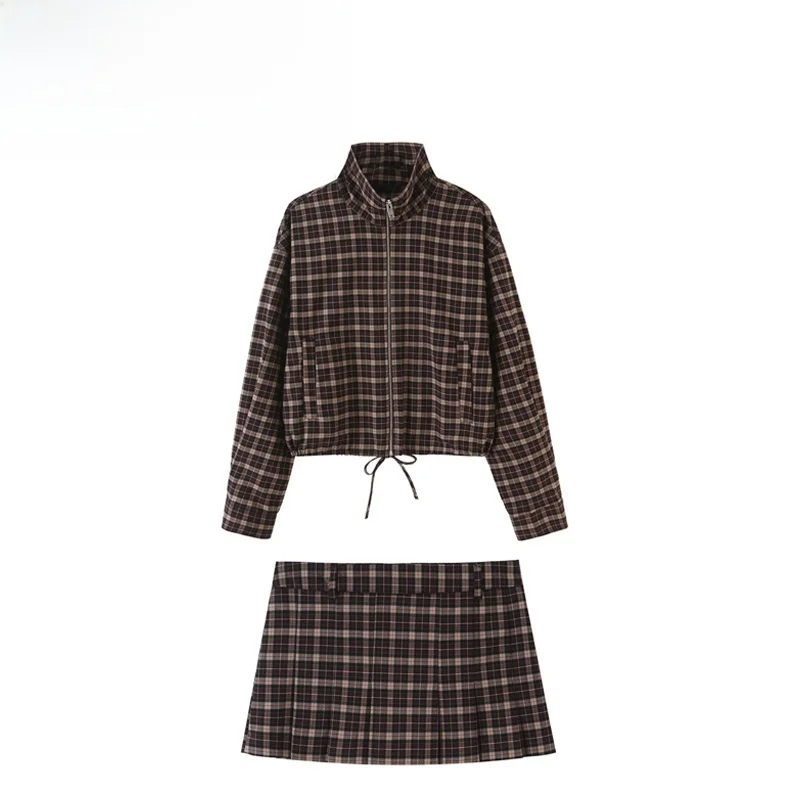 Fashionable Plaid Jacket And Skirt Set Women's Autumn Spring Summer Long Sleeve Short Coat Elegant Classy Two Piece Suit