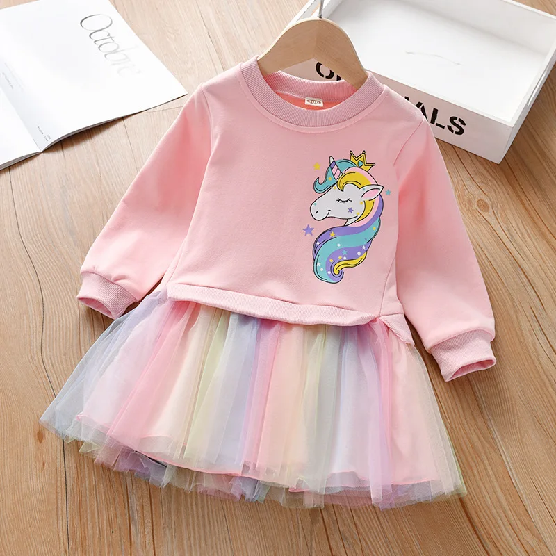 Spring Autumn Style Casual Dress for Girls Age 2-10 Cute Pink Purple Hoodie Chiffon Skirt European American Style Beauty Dress