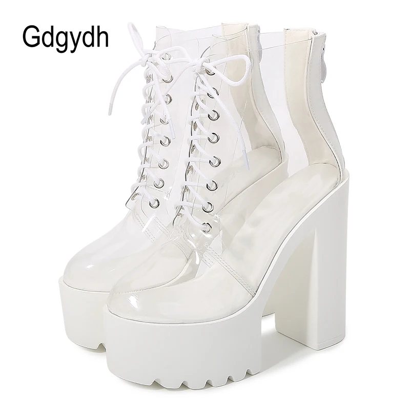 Gdgydh Sexy Strappy scarpe trasparenti donna tacchi spessi piattaforma partito stivaletti bianchi cerniera passerella PVC scarpe estive donna