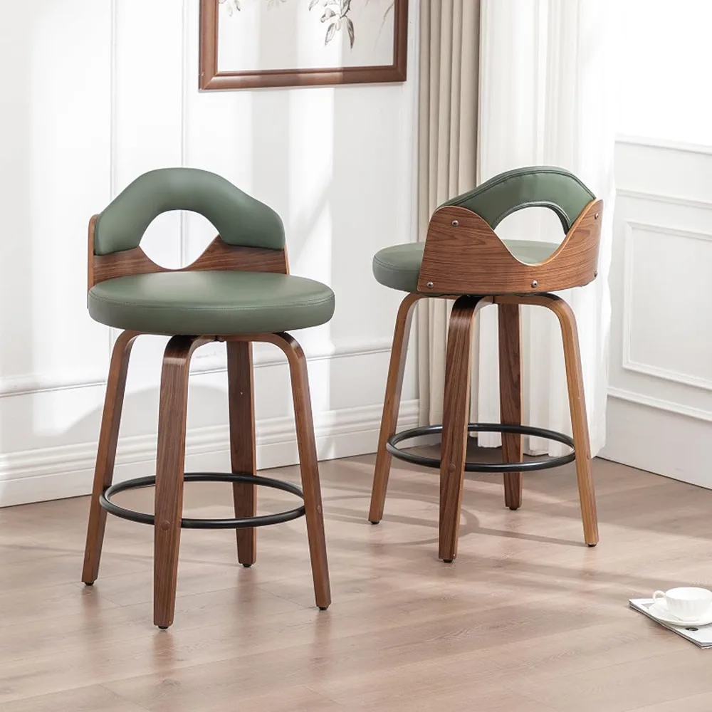 26" Swivel Bar Stools Set of 2,Mid Century Modern Black Faux Leather Barstools,Wood Counter Height Bar Chairs with Low Back for