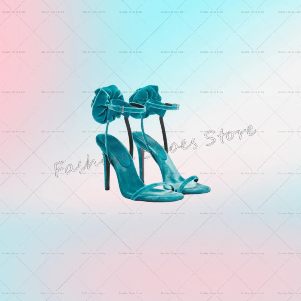 

Blue Buckle Strap Flower Decor Sandals Open Toe for Women Thin High Heels Fashionable Dinner Party 2025 Zapatos Para Mujeres