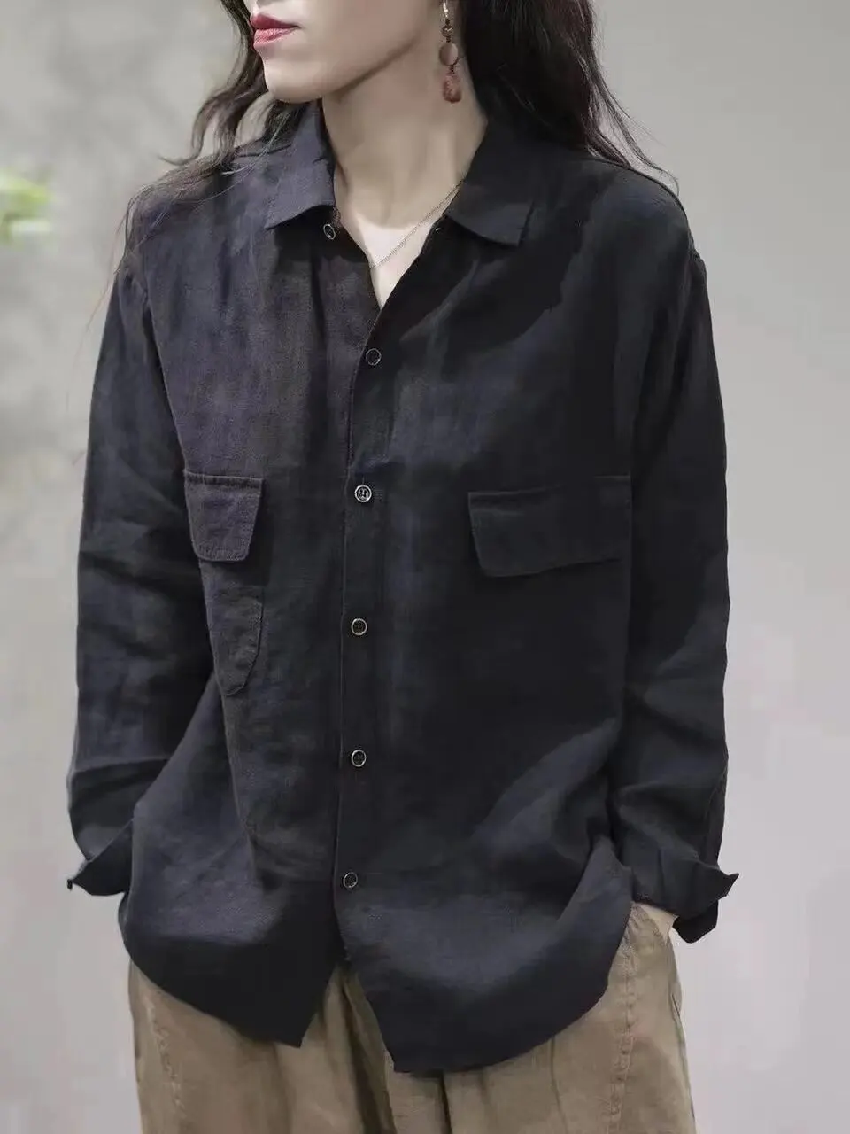 

Свободный длинный све, хлопковый и льняной женский утягивающий топ с художественным рукавом, корейская версия, дизайн на пуговицах, повседневная одежда