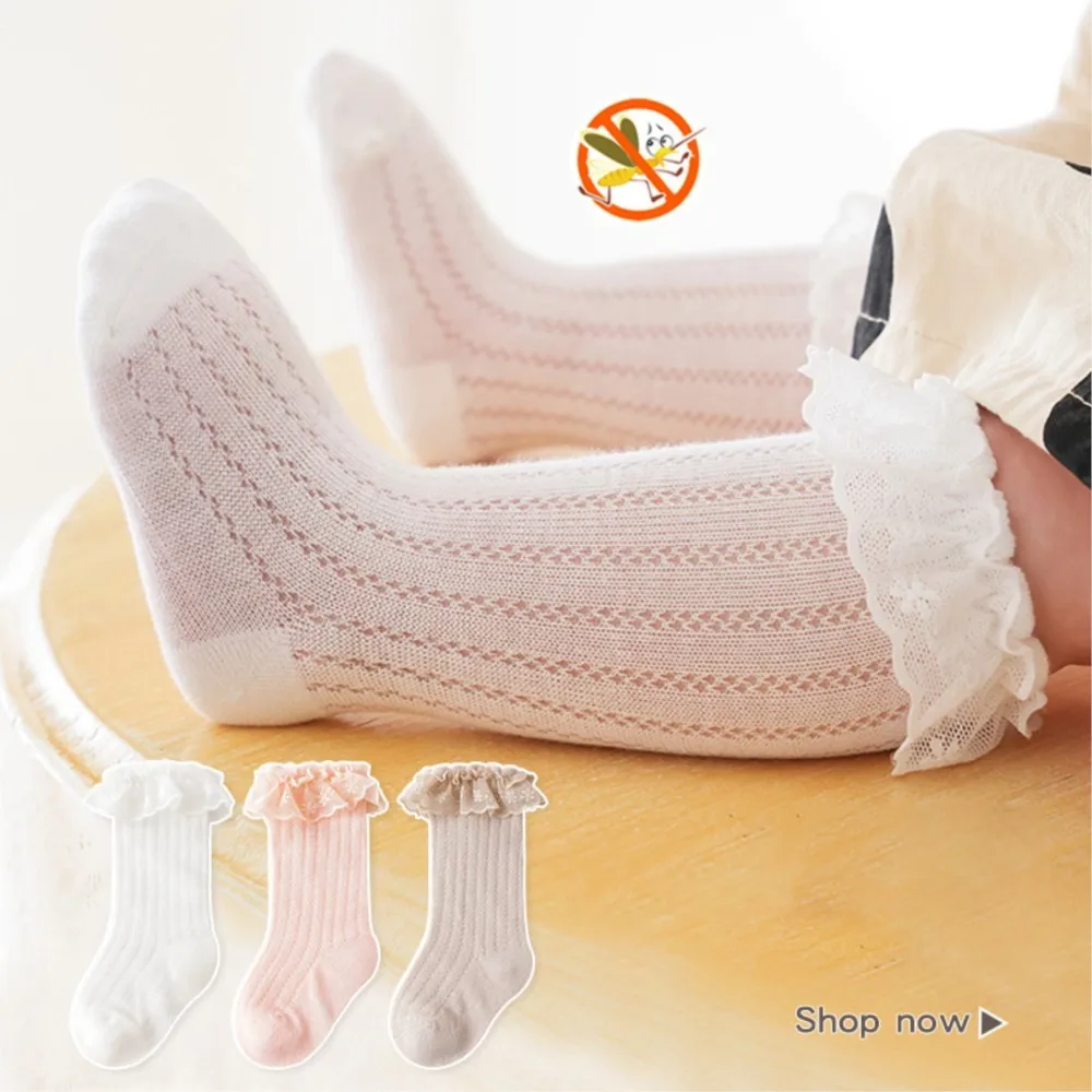 

Summer Baby Long Socks Lace Ruffle Children Princess Stockings Mosquito Proof Toddler Loose Mesh Stockings Thin Kids Cotton Sock