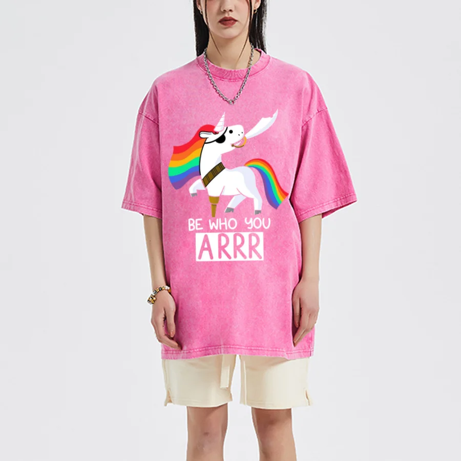 

Cartoon Rainbow Unicorn Print Women's T-Shirt Washed Denim Cotton Comfortable Oversized Short Sleeve 2024 Summer Fashion Topp