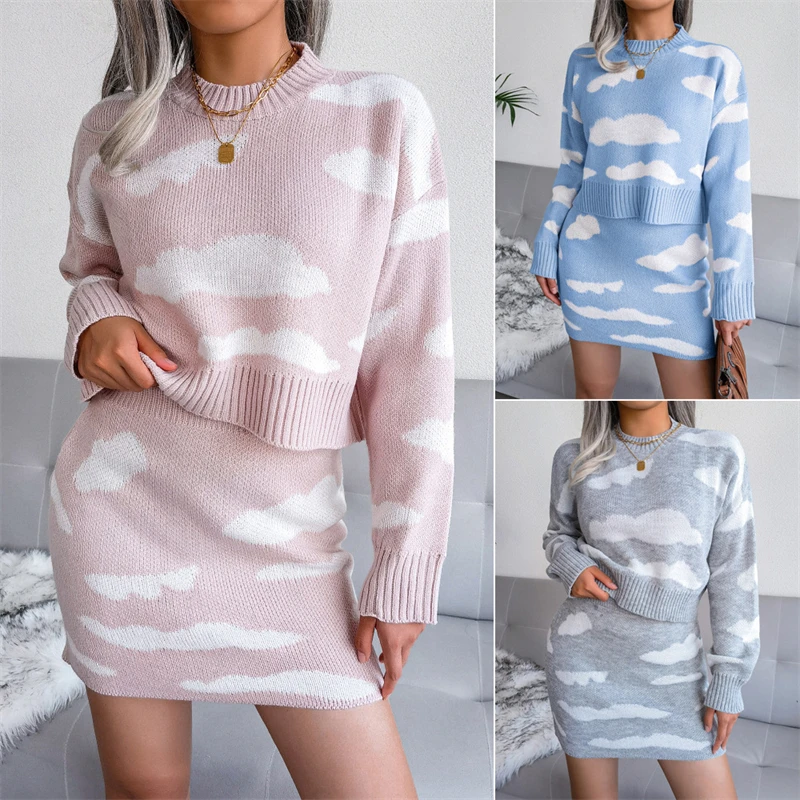 

European And American Autumn And Winter White Cloud Printed Pullover Knitted Sweater Hip Skirt Two-Piece Blue Pink Gray Women's