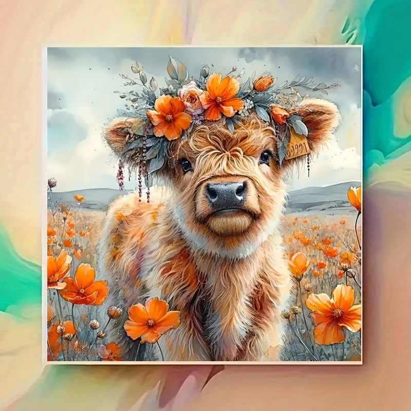 5D DIY Diamond Painting Kit with Tools Highland Calf Wearing Floral Crown in Meadow Full Round Drill Rhinestones Wall Decor Gift