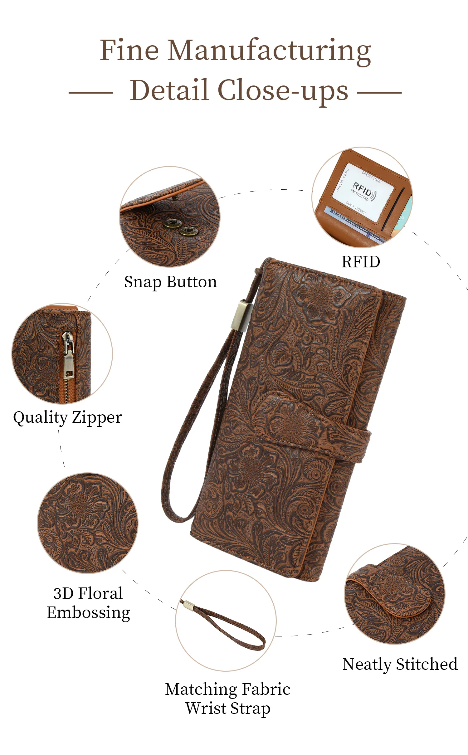Carteira RFID feminina de 3 dobras, bolsa para telefone com porta-cartões múltiplos, couro ultra fibra com relevo 3D