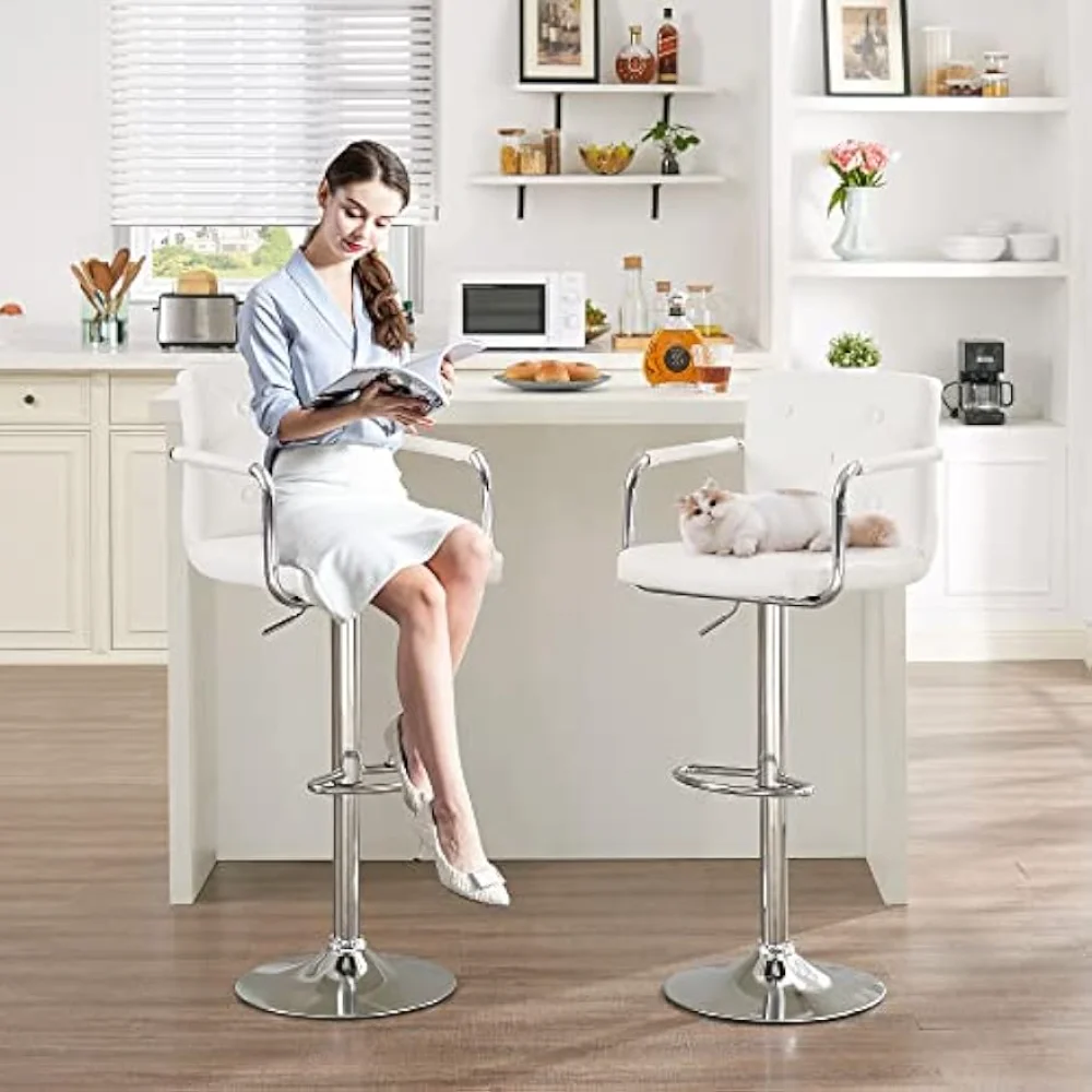 VECELO Adjustable Bar Stools Set of 2,Swivel PU Leather Counter Height Barstool with Back and Arms for Kitchen/Island, White