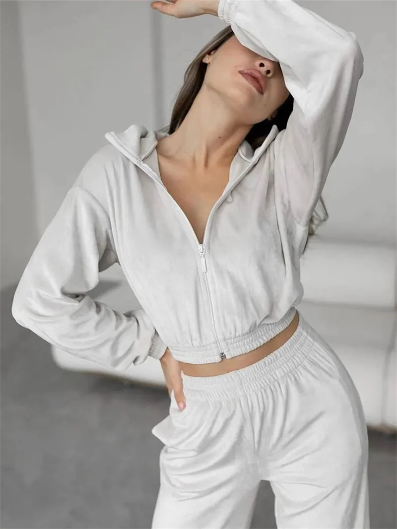 2025 Traje de terciopelo de dos piezas Conjuntos deportivos casuales para mujer Chaqueta corta con cremallera Top Pantalones rectos Conjuntos de 2 piezas de terciopelo dorado