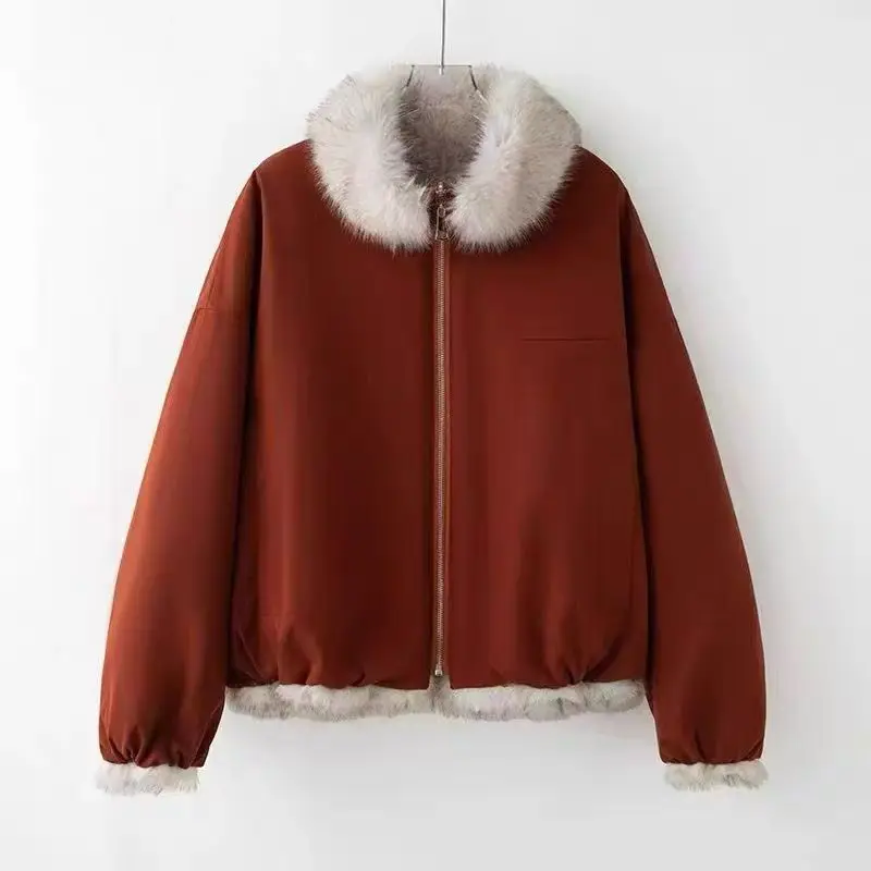 

Women Faux Fox Fur Jackets Solid Short Overcoat Fur Collar Long Sleeve Zipper Thick Loose Casual Office Lady 2025 Autumn Winter