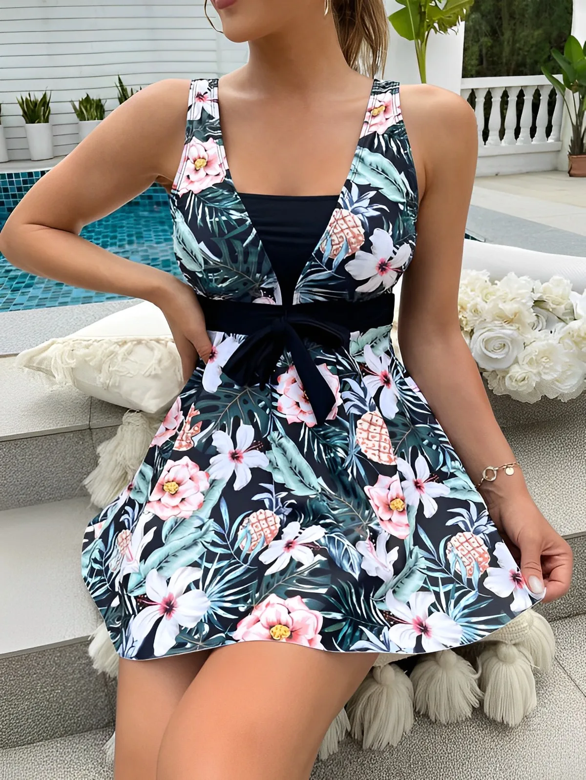 2023 Tropical Print Knot Front Swimwear Women One Piece Swimsuit Dress Bathers Bathing Swimming Swim Suit Beachwear