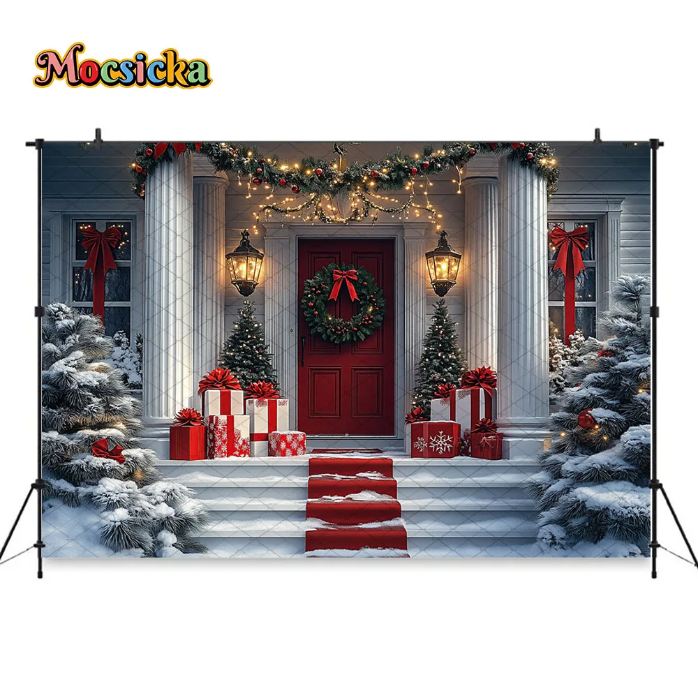 Mocsicka Kerst Achtergrond Fotografie Witte Winter Scène Besneeuwde Vloer Kerst Huis Cadeau Achtergrond Kinderen Verjaardag Fotostudio