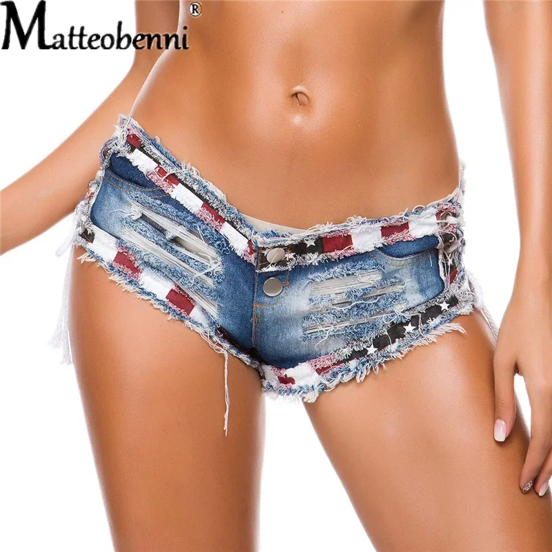 2021 Summer New Sexy Low Waist Ripped Hollow Out Lacing Splicing Ladies Fashion Streetwear Nightclub Party Women's Denim Shorts