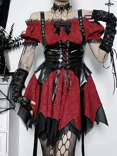 AltGoth-vestido gótico oscuro para mujer, vestidos Vintage de cintura alta con encaje y manga abombada, ropa de calle Harajuku Fairycore
