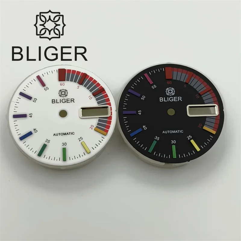 BLIGER 29mm Sterile Watch Dial Black White Dial Rainbow Time Marks For NH36 Movement Fit 3.0/3.8 o'clock Crown Case Modified