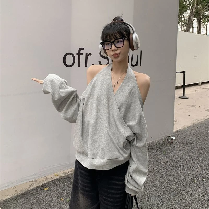 Deeptown Casual Off Shoulder Sweatshirts Women Sexy Korean Style Loose Pullovers Harajuku Y2k Fashion Long Sleeve Sweatshirts