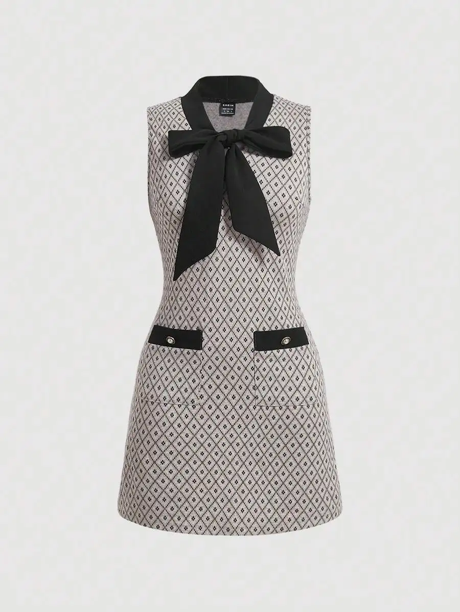 

Women's Sleeveless Mini Dress with Bow Neck and Geometric Pattern