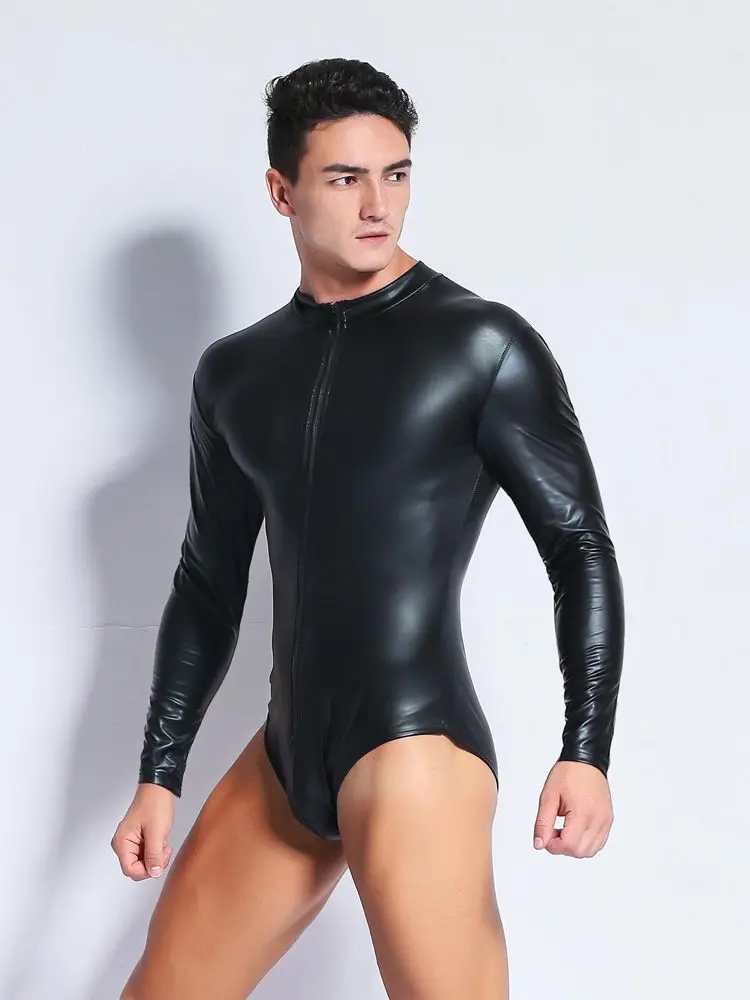 Long Sleeve Shiny PU Leather Bodysuit Zipper Hot Shapers Men Body Tops Shirts One Piece Gothic Tights Clubwear Tshirt Leotard