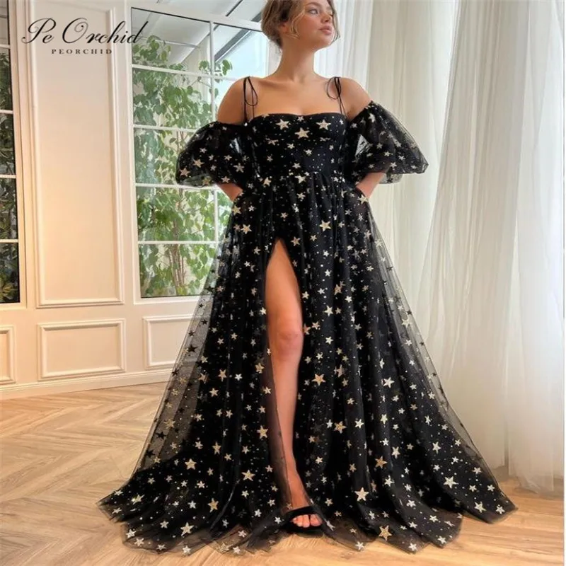 PEORCHID Girls Black Prom Dress For Women 2023 Luxury Elegant Celebrity Gowns Spaghetti Straps Tulle Sequin Birthday Dress