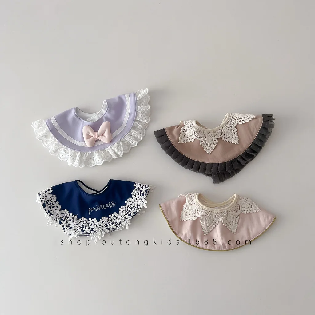 Baby Fashion Lace Simple Casual Trend Everything Bow Drool Towel, Princess Cute Round Can Rotate Pure Cotton Bib