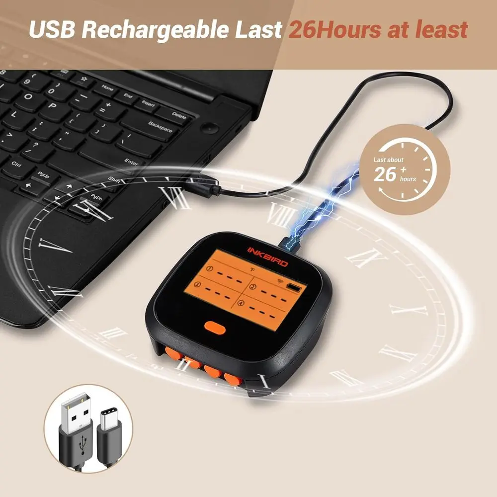Wireless BBQ Thermometer, APP Temperature Graph, Mobile Notification Timer Alarm, Rechargeable Digital Grill Thermometer, 4 Prob
