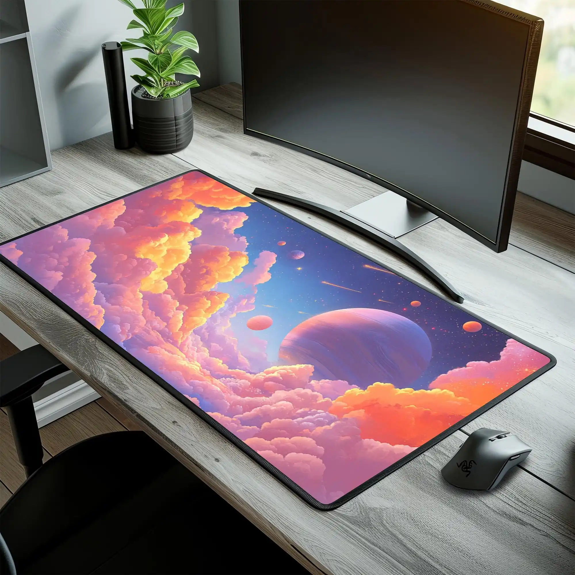 Planet Desk Mat, Pink Cloud Galaxy Mouse Pad,candy Sky and Space Art Pattern,vaporwave Style Desktop,perfect for Gaming and Work