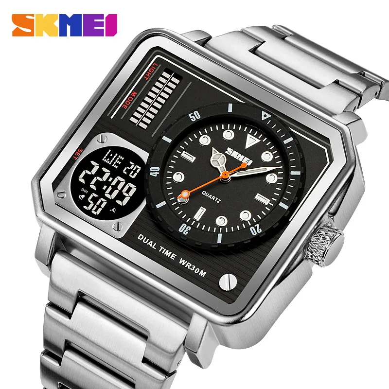 SKMEI 2025 Uhr reloj hombre Voller Stahl Hintergrundbeleuchtung Analog Digital Sportuhren Herren Casual 2-Zeit Chrono Armbanduhr Wasserdicht