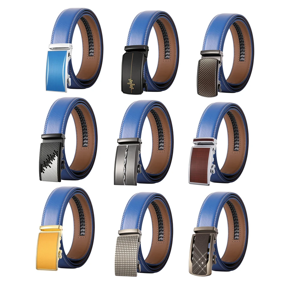 Sky Blue Leather Belt For Men Good Quality Men's Belts Automatic Buckle Ratchet Waist Straps Casual Leisure Wedding Gift B611