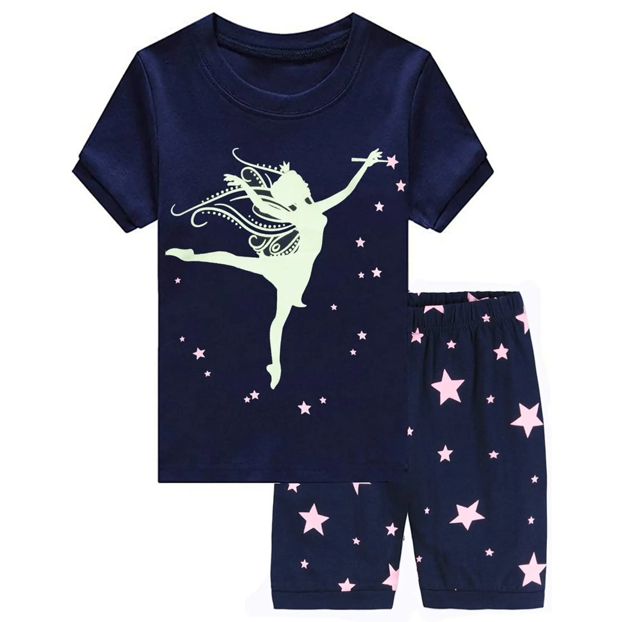 Little Hand Girls Short Sleeve Pajamas Toddler Cotton Pjs Glow in the Dark Girls Magic Dancing Summer Loungewear Sets for 2-7T