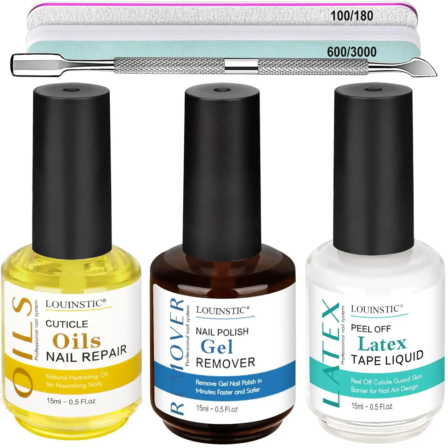 

3-in-1 Gel Nail Remover Kit – Acetone-Free, Low Odor, Removes Gel in 2–5 Min with Liquid Latex Tape & Cuticle Oil