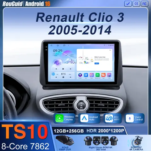 Android 16 For Renault Clio 3 2005-2014 2K QLED Android Car Radio Multimedia Video Player GPS Stereo CarPlay 4G Navigationv BT