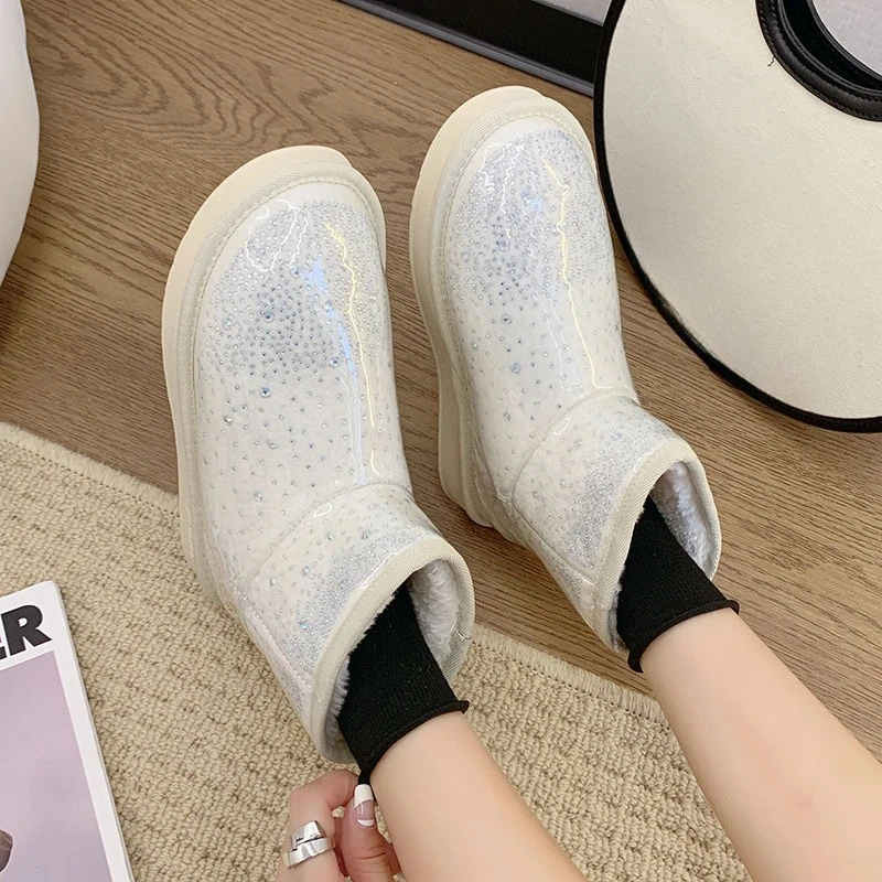 Beige Rhinestone Round Toe Waterproof Women's Snow Boots Chic and Elegant Boot on Offer Trend 2025 New In Rock Work Ladies Shoes