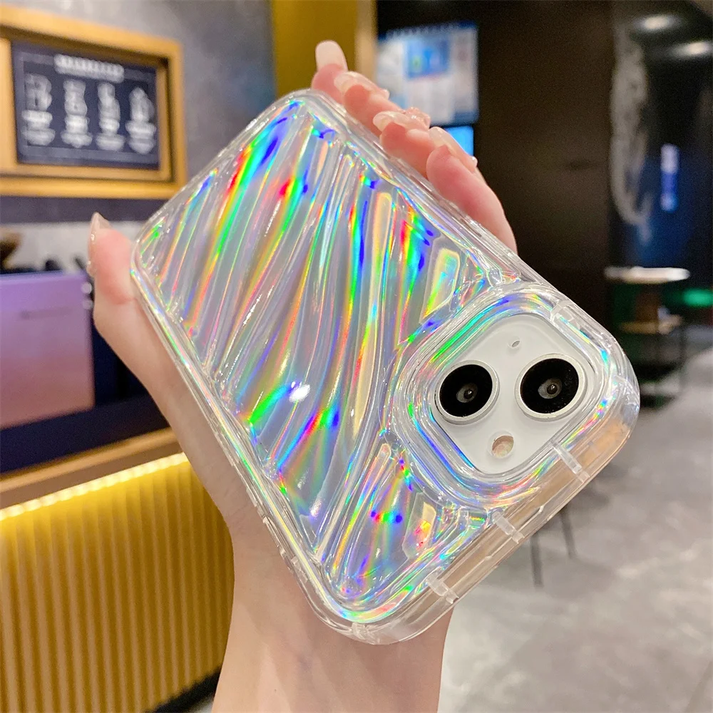 

Лазерный голографический прозрачный чехол для телефона для iPhone 14 13 12 11 Pro Max X XS XR 7 8 6 S Plus SE Curly Soft Aurora Rainbow Cover