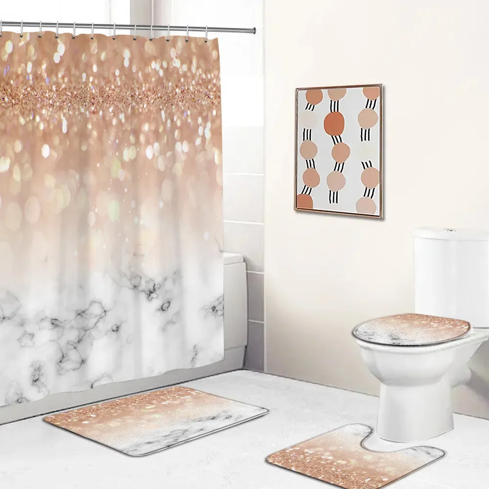 Glitter Diamond Shower Curtain Set Panther Pink Bathroom Decor Sparkling Fashion Modern Bathtub Mat Flannel Toilet Lid Cover