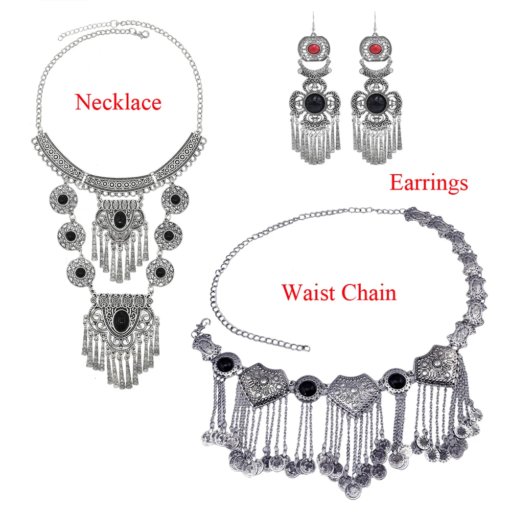 Vintage Gypsy Afghan Large Acrylic Gem Coin Earrings Necklace for Women Boho Ethnic Belly Chains India Femme Body Jewelry Sets