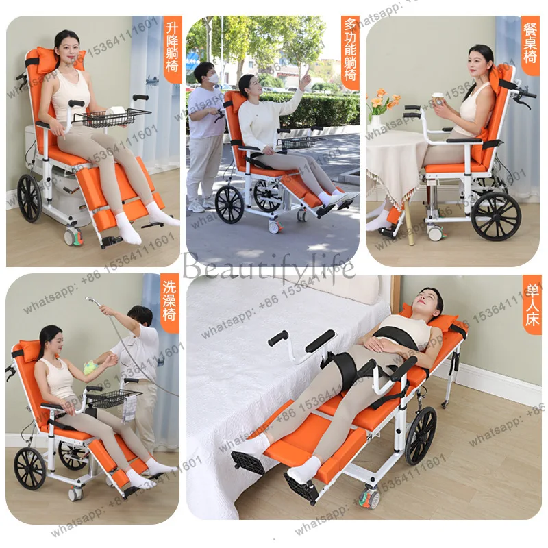 YJ Hydraulic Lying Flat Patient Transfer Lifter Large Wheel Outdoor Pushable Shift Chair With Toilet Function For Elderly
