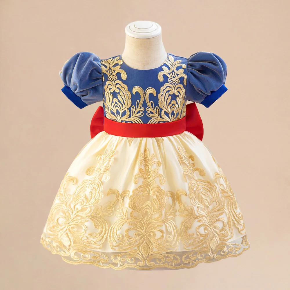 Girl Cosplay Party Dress Baby Girls Flower Embroidery Dresses Toddler 1st Birthday Fashion Tutu Gown Kids Noble Yellow Costumes