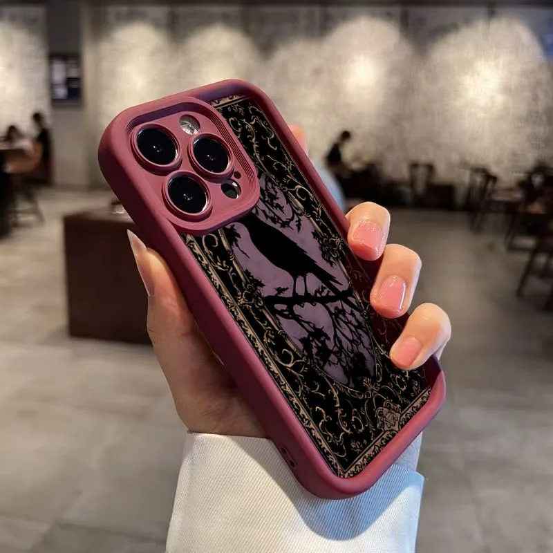 Aesthetic Black Crow Pattern Wine Red Phone Case for iPhone 16 E15 14 13 12 11 Pro Max Mini XS X XR 7 8 Plus Shockproof Cover - view 2