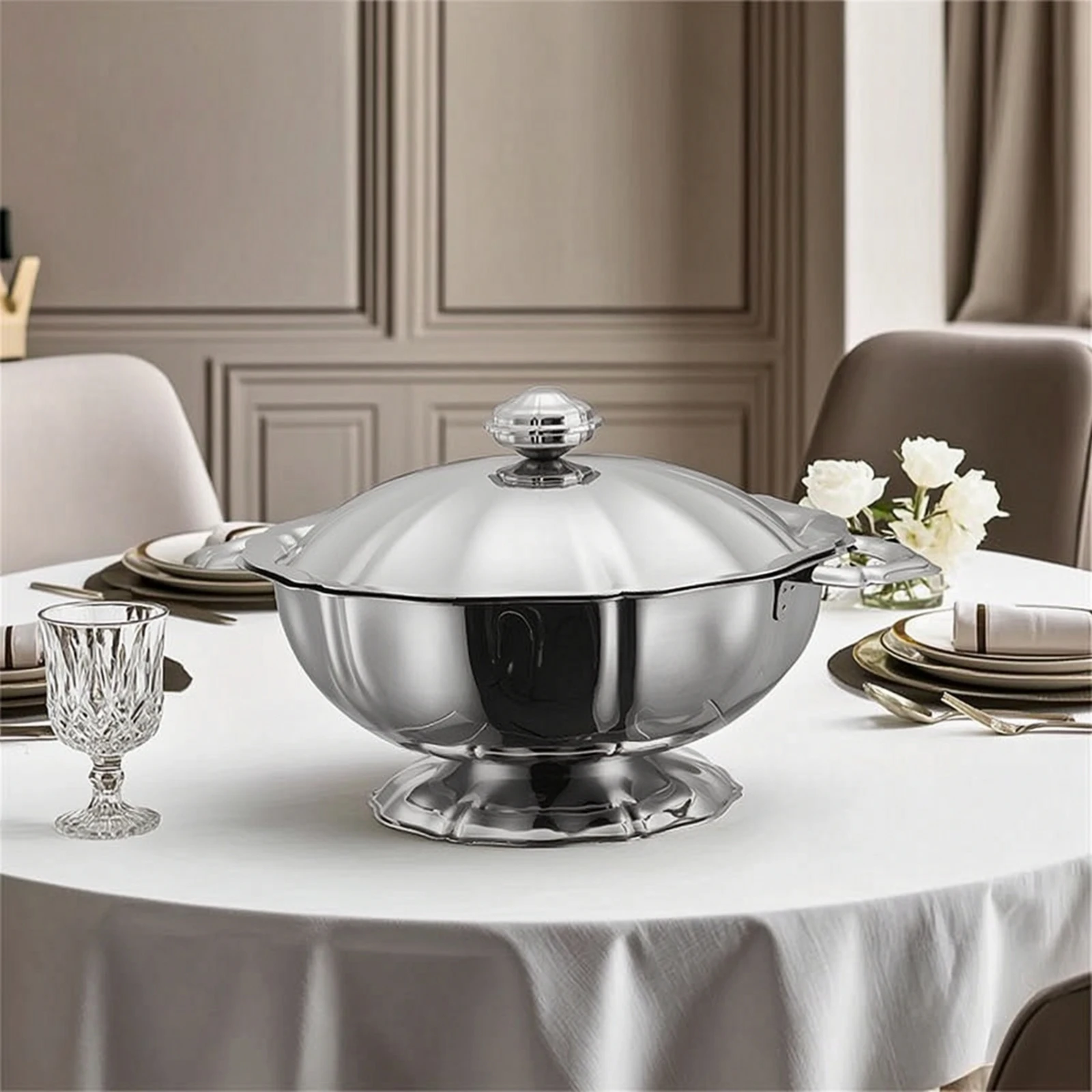 Cold Dish Pot with Lid Polished Serving Bowl with Dome Lid Buffet Server with Handles Double-Handled Dishware Reflective