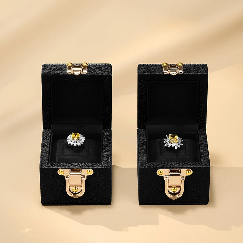 Oirlv-Genuine Leather Ring Box with Metal Clasp Jewelry Packaging with Lychee Texture Wedding Proposal Diamond Ring Box