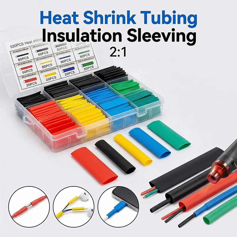 

Набор термоусадочных трубок 2:1 (530/560/580/800 шт.) для изоляции электрических проводов и кабелей