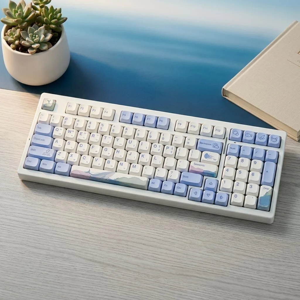 Korean MOA Keycaps White Blue Dolphin Pattern Cute Round Key Caps Wide Compatible for Mechanical Keyboard 130 Keys
