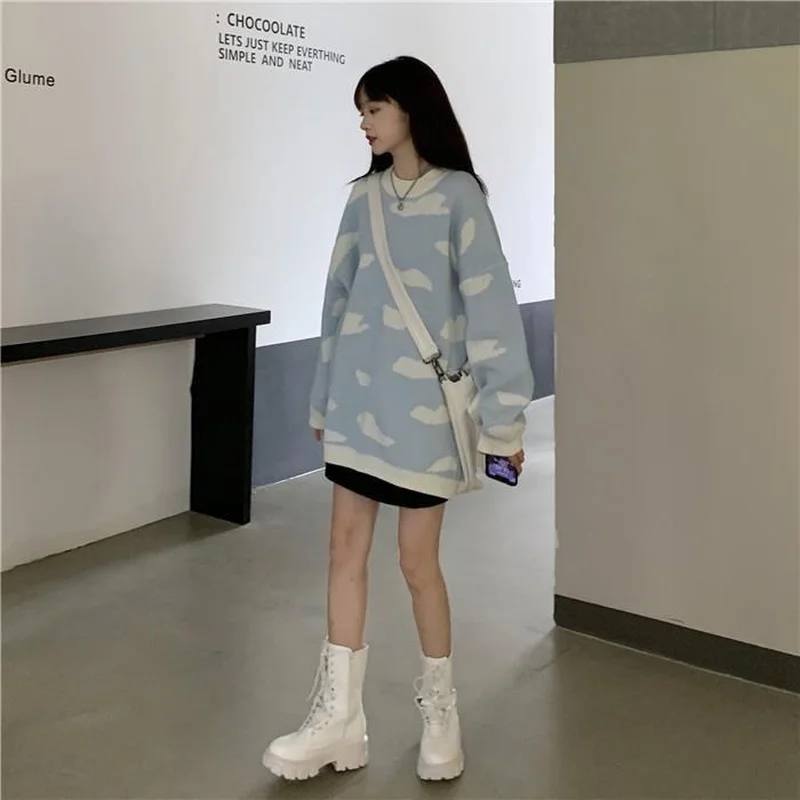 Clouds Pullovers Women Baggy Cute Korean Style Harajuku Girlish Knitted Sweaters Winter Elegant Casual Streetwear All-match Ropa