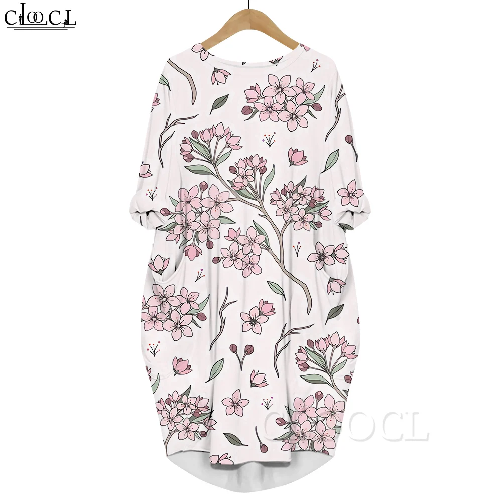 CLOOCL Women Long Sleeve Pocket Dress Ocean Shells Pattern 3D Printed Loose Casual Knee-length Dress Summer Female Clothes